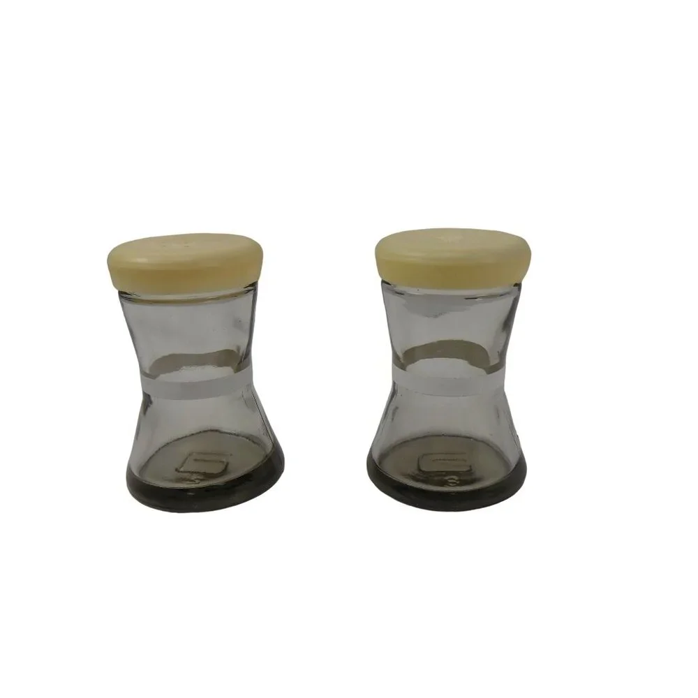Vintage Smoky Clear Glass With White Stripes And Caps Salt And Pepper Shakers